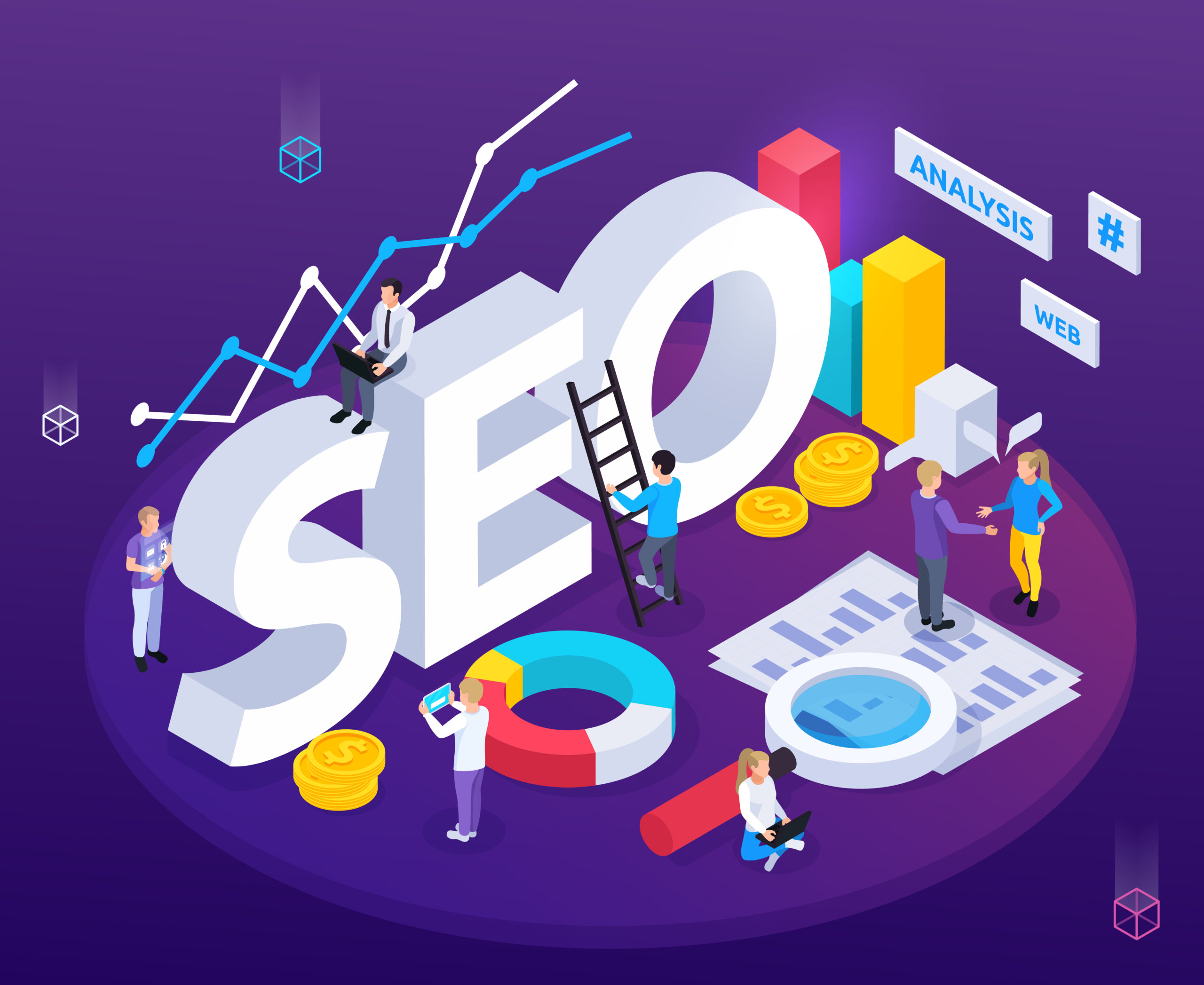 2025 yılı SEO trendlerini temsil eden yapay zeka, grafikler, veri analiz panelleri ve kullanıcı etkileşimli dijital pazarlama illüstrasyonu.