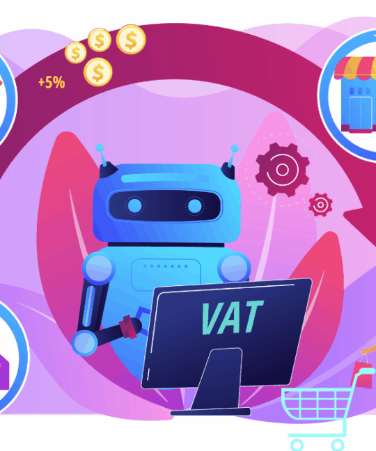 Bir alışveriş robotu, yapay zeka destekli vergi hesaplaması yaparken; arka planda e-ticaret, perakende, üretim ve konut sektörlerinden vergi artışları gösteriliyor.