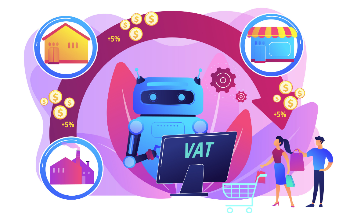 Bir alışveriş robotu, yapay zeka destekli vergi hesaplaması yaparken; arka planda e-ticaret, perakende, üretim ve konut sektörlerinden vergi artışları gösteriliyor.
