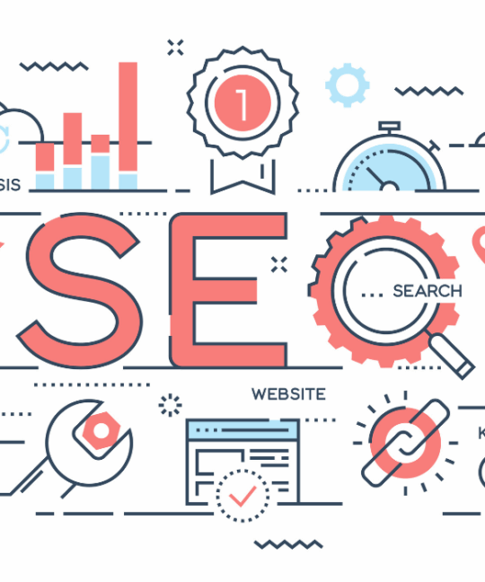 Arama motoru optimizasyonunu yapay zekâ ile güçlendiren e‑ticaret konsepti, SEO simgeleri, veri analizi ve robot figürü içeren dijital pazarlama illüstrasyonu.