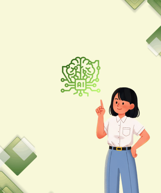 Yapay zekâyı temsil eden beyin ve devre ikonunun yanında işaret eden bir karakterin bulunduğu yeşil tonlarda dijital tasarım.