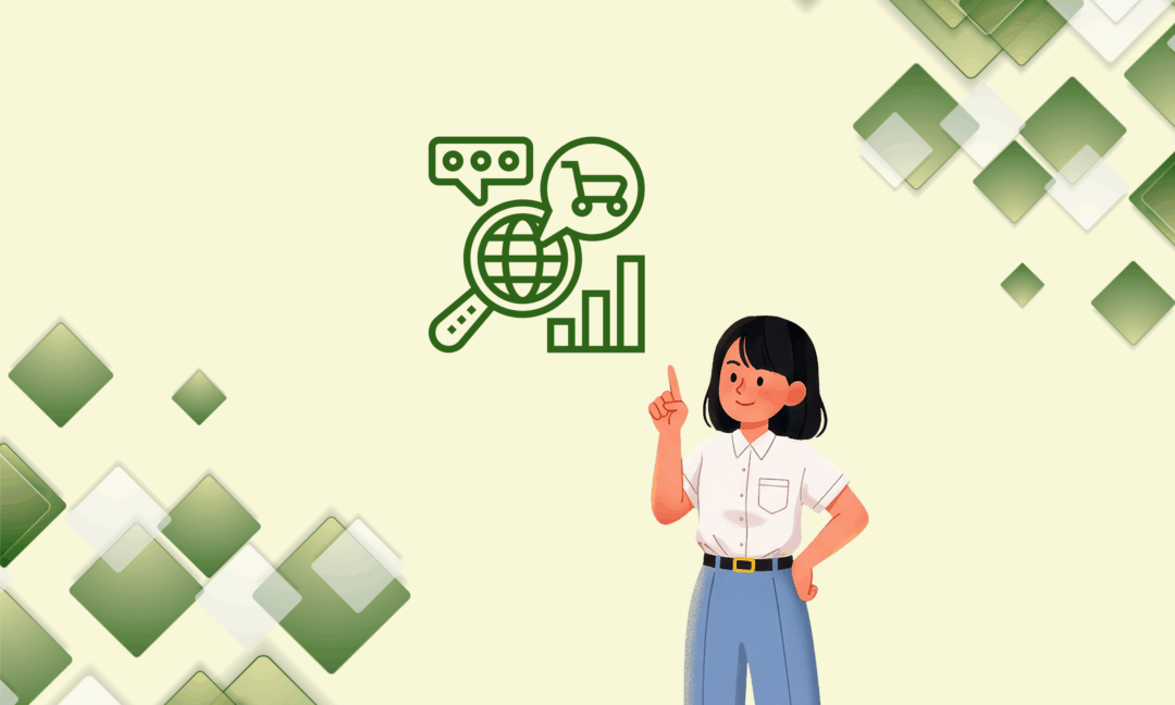 E-ticaret, SEO ve yapay zekâyı simgeleyen ikonların bulunduğu, yeşil tonlarda tasarlanmış bir grafik ve işaret eden bir karakter illüstrasyonu.