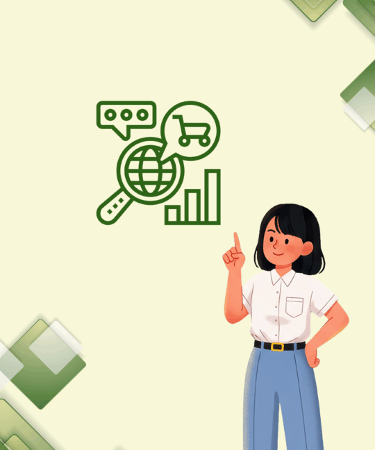 E-ticaret, SEO ve yapay zekâyı simgeleyen ikonların bulunduğu, yeşil tonlarda tasarlanmış bir grafik ve işaret eden bir karakter illüstrasyonu.