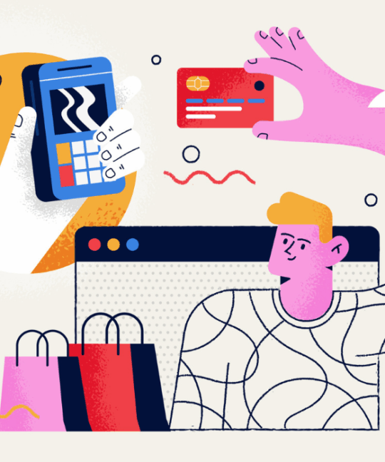 Alışveriş torbaları, bir POS cihazı, banka kartı, güvenlik kalkanı ve e‑ticaret işlemlerini temsil eden çizim tarzında modern bir illüstrasyon.