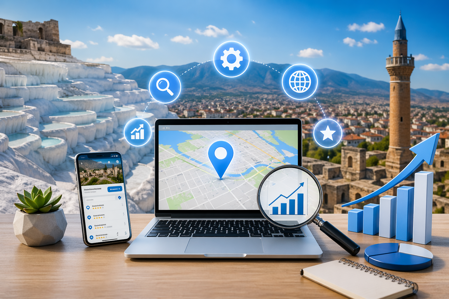 Denizli SEO Hizmeti ile Yerel Aramalarda Zirveye Çıkın Denizli SEO Hizmeti konseptini yansıtan, harita ve analiz grafikleriyle yerel arama optimizasyonunu gösteren dijital pazarlama görseli.