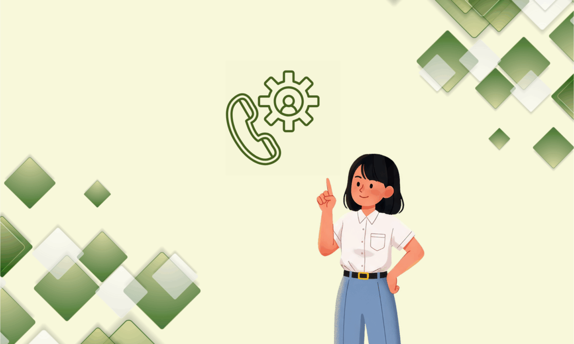 Dişli simgesi ve telefon ikonu ile müşteri hizmetleri otomasyonu temalı illüstrasyon