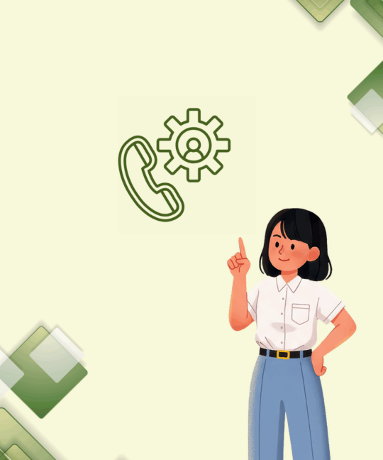 Dişli simgesi ve telefon ikonu ile müşteri hizmetleri otomasyonu temalı illüstrasyon