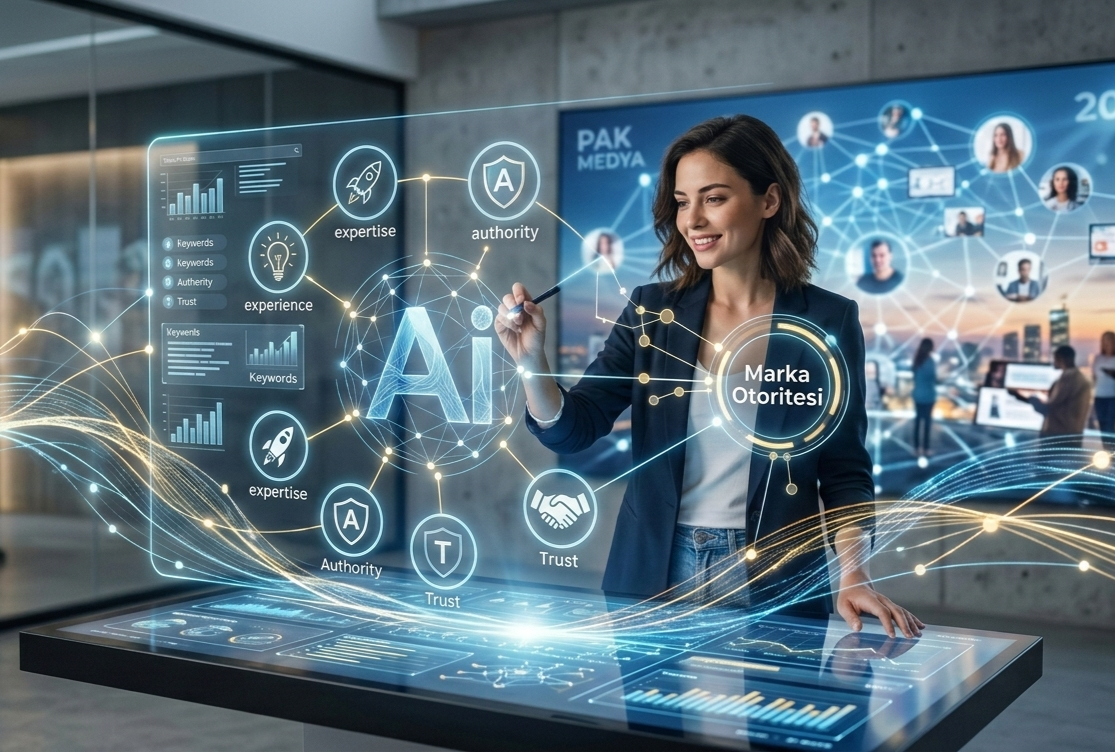 Dijital bir panelde yapay zeka verilerini yöneten bir kadının yer aldığı, 2026 SEO Rehberi kapsamında marka otoritesi ve E-E-A-T kavramlarını simgeleyen teknolojik bir illüstrasyon.