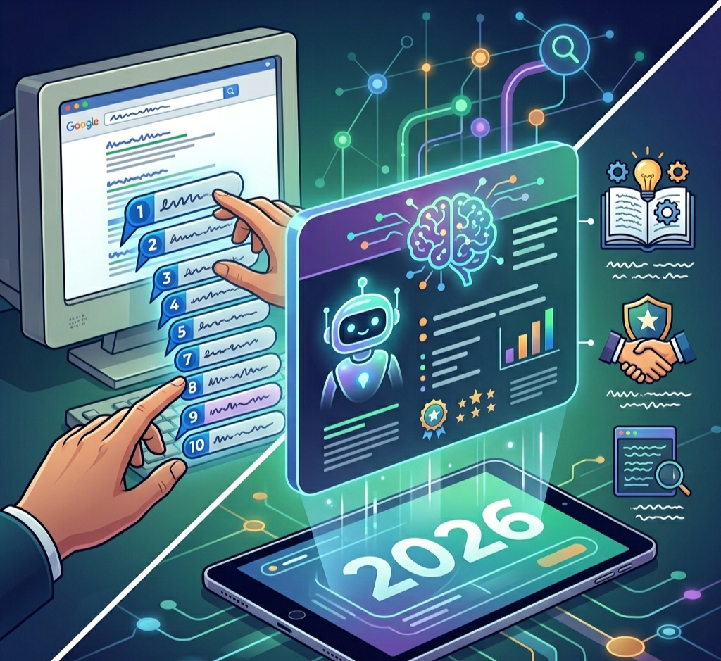 Search Generative Experience Sonrası SEO Stratejileri temalı, SEO ve yapay zekâ odaklı dijital pazarlama çalışma masası görseli, laptop üzerinde 2026 SEO konsepti bulunan modern ofis ortamı.