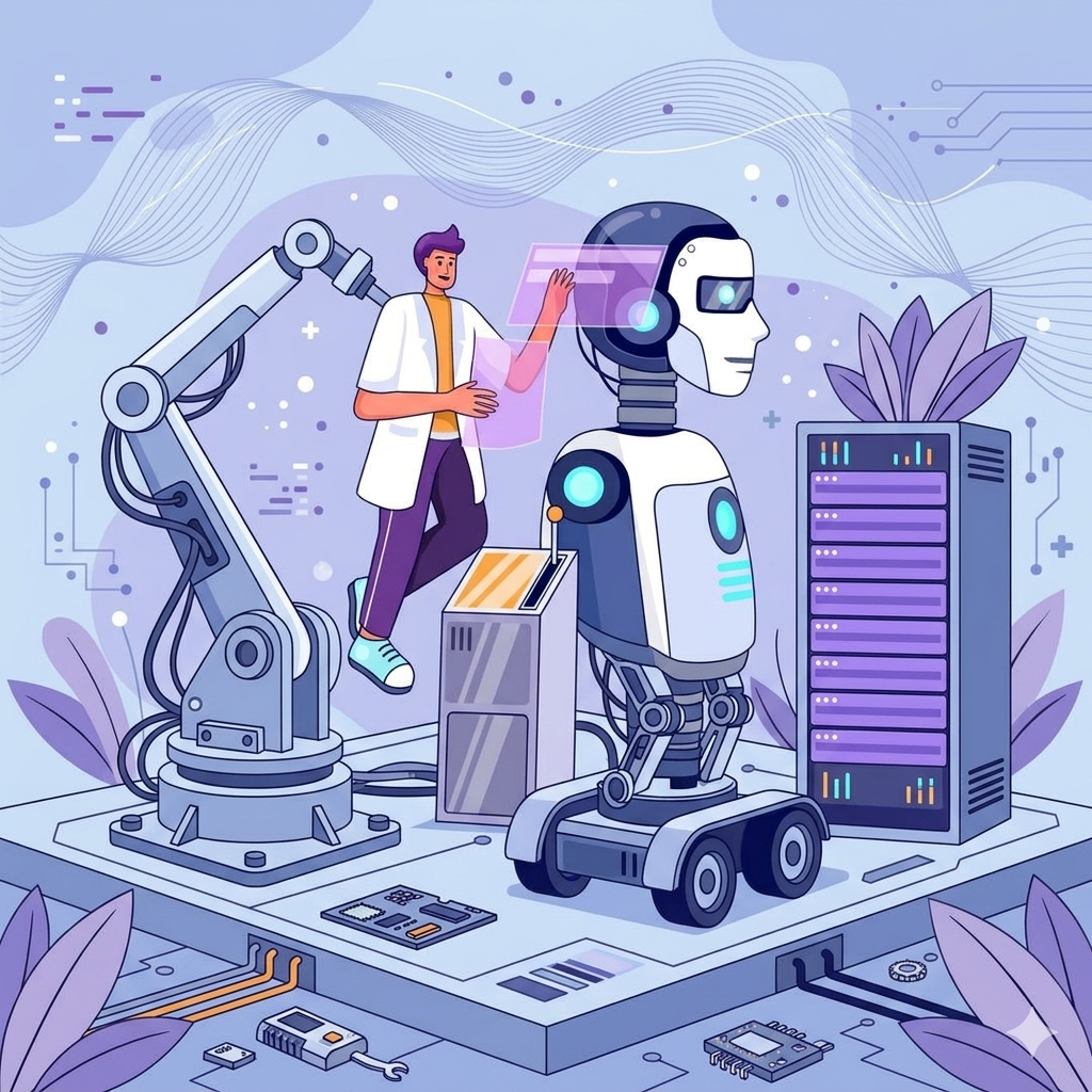2026.05.09_YapayZekaDestekliDestekSistemi_2 Açık mor ve mavi tonlarda, bir robot laboratuvarını gösteren modern illüstrasyon. Görselde; tekerlekli, insansı beyaz bir robot, yanında büyük bir endüstriyel robotik kol ve sağ tarafta üzerinde ışıklar yanan bir sunucu kabini bulunuyor. Arka planda beyaz önlüklü bir adam, şeffaf dijital bir ekranı kullanarak robotu kontrol ediyor. Laboratuvar zemini bir devre kartı gibi tasarlanmış olup üzerinde mikroçipler ve mor yapraklı dekoratif bitkiler yer alıyor.