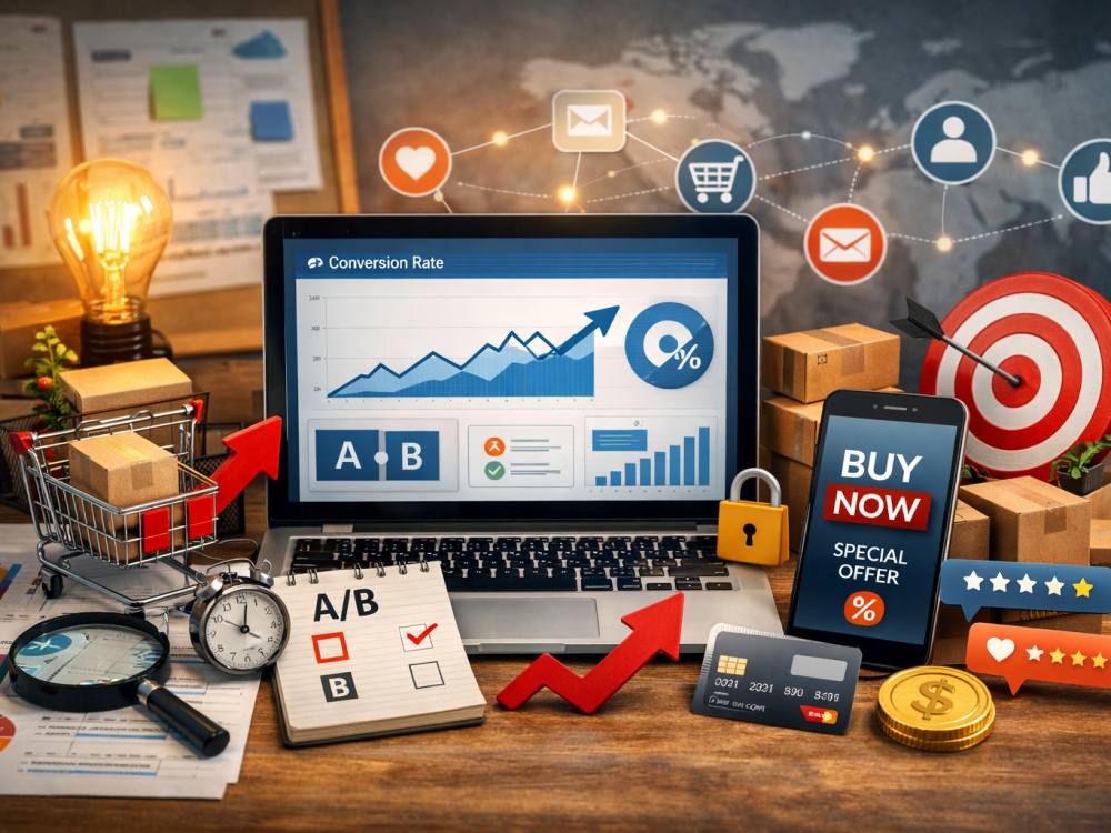 CRO Nedir? konusunu anlatan, dönüşüm oranı artışını gösteren grafikler, alışveriş simgeleri ve analiz ekranı içeren gerçekçi bir dijital pazarlama görseli.